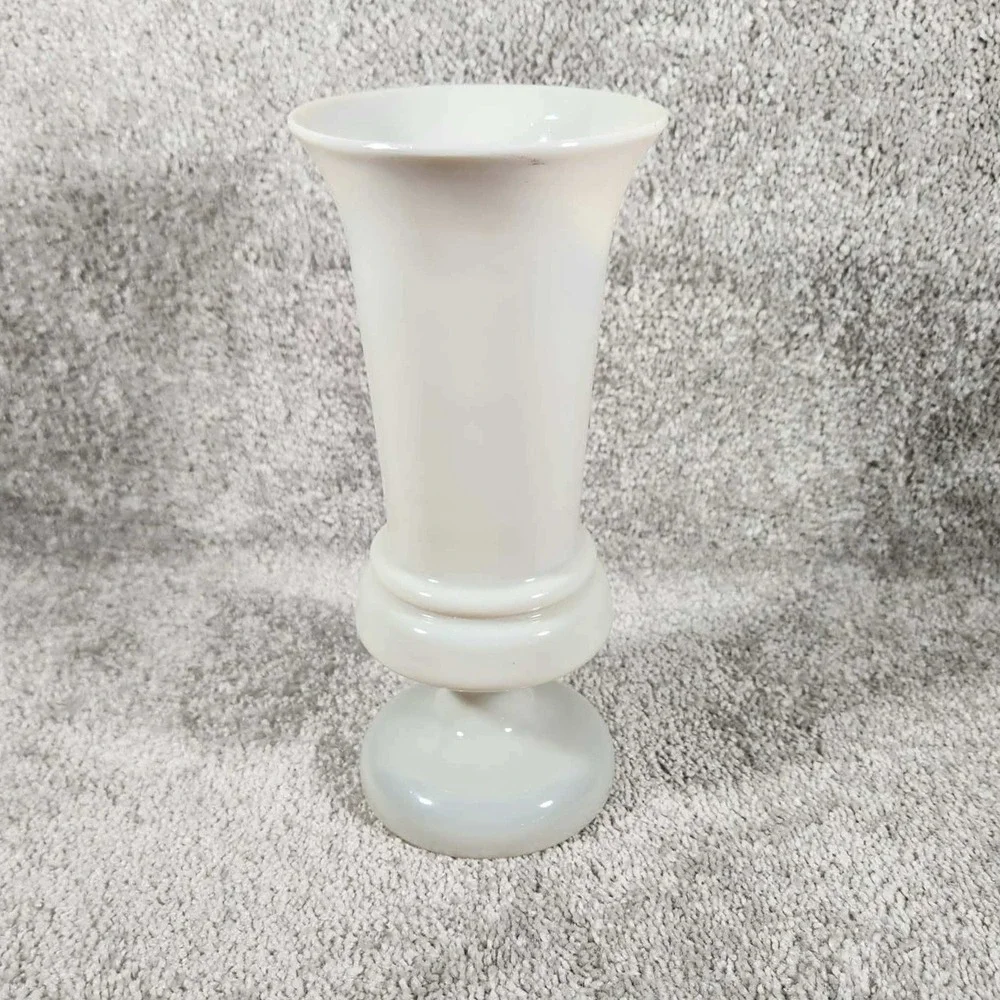 Vase White Floral Hand Painted Glass - Mid Century‎ Modern